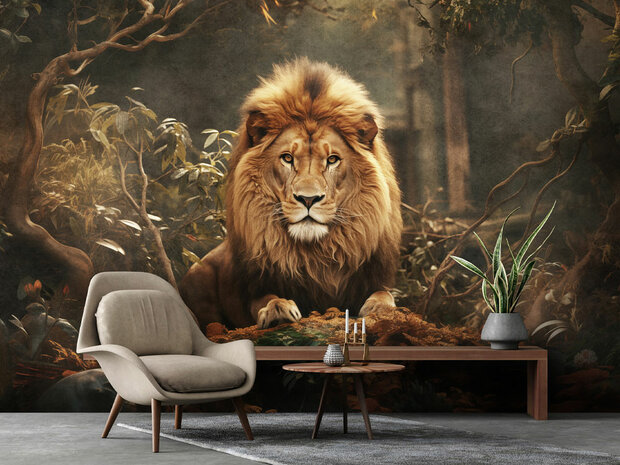 Leeuw in de jungle fotobehang