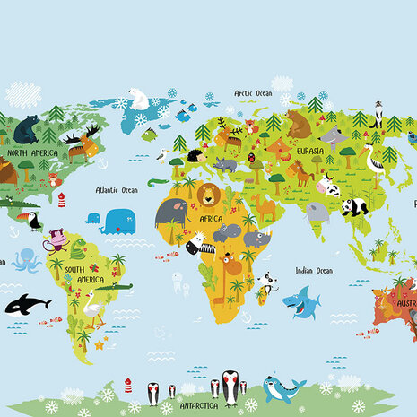Wereldkaart vliesbehang met dieren