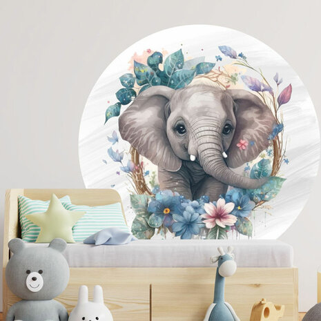 Jungledieren Muurcirkel Olifant met bloemen