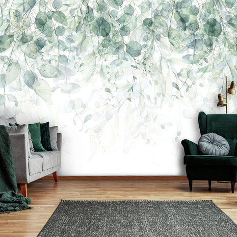 Botanisch behang Hangende bladeren groen-wit