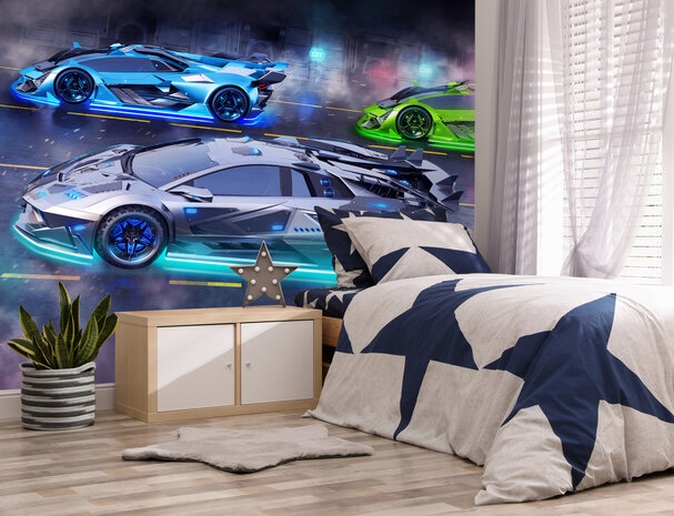 Neon Supercars behang - Walltastic NW