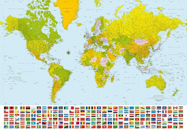 Wereldkaart fotobehang XL incl vlaggen