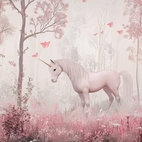 Eenhoorn in Bos fotobehang Roze
