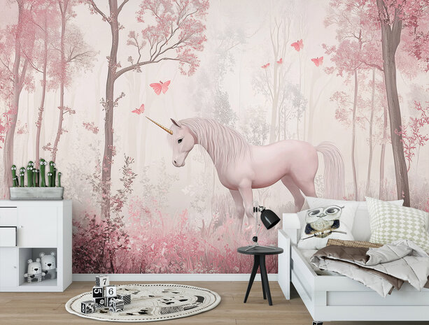 Eenhoorn in Bos fotobehang Roze
