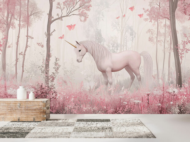 Eenhoorn in Bos fotobehang Roze