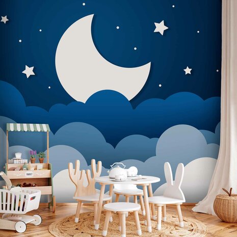 Maan en Wolken fotobehang Blauw