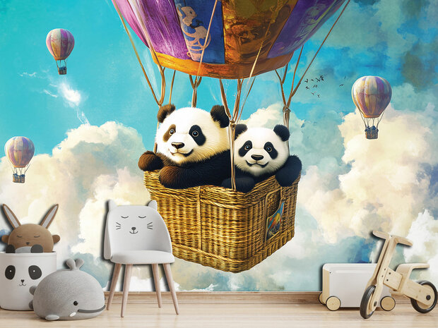 Panda in luchtballon fotobehang