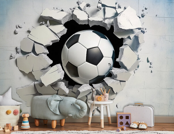 3D Voetbal door muur fotobehang 