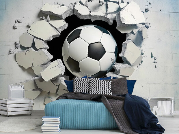 3D Voetbal door muur fotobehang 