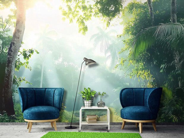 Jungle fotobehang Zonnestralen
