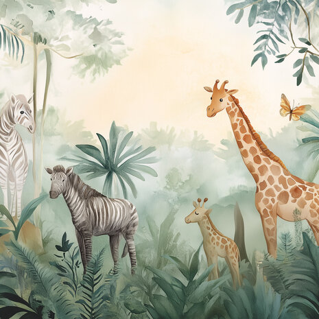 Jungledieren fotobehang Giraf en Zebra
