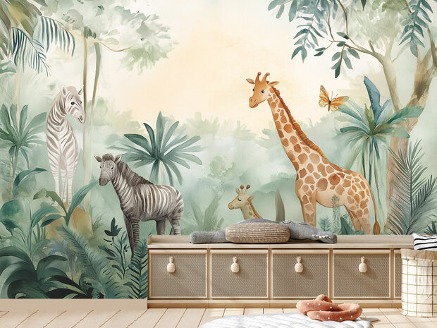 Jungledieren fotobehang Giraf en Zebra