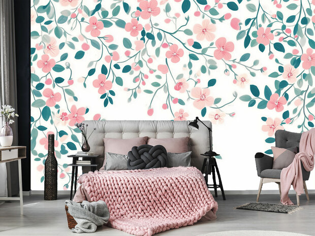 Hippe roze bloemetjes fotobehang 