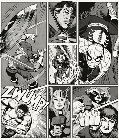 Marvel Classic Comic Panel behang Zwart-Wit GEHELE AFBEELDING