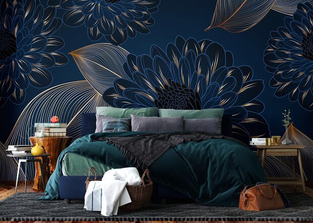 Chrysanten fotobehang Blauw XL