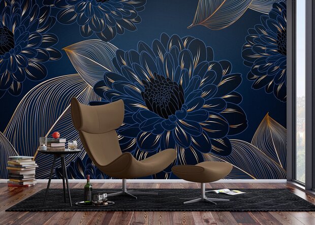 Chrysanten fotobehang Blauw XL