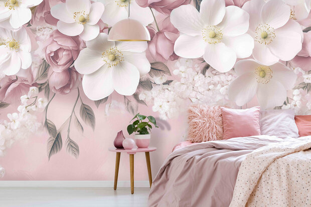 Witte en roze bloemen fotobehang