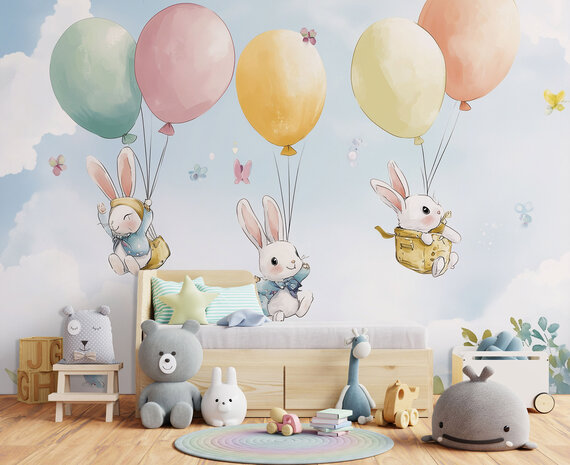 Konijntjes aan ballonnen fotobehang