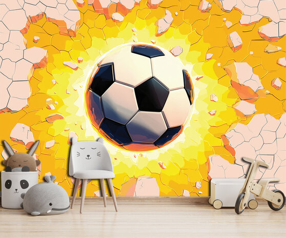 Voetbal op muur 3D fotobehang Oranje Geel