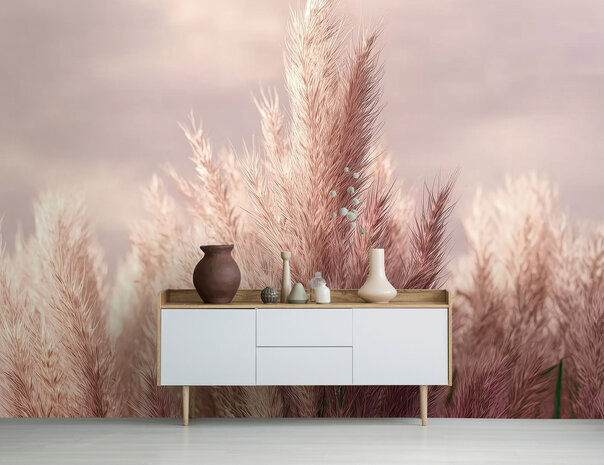 Zachtroze Pampas Gras fotobehang 