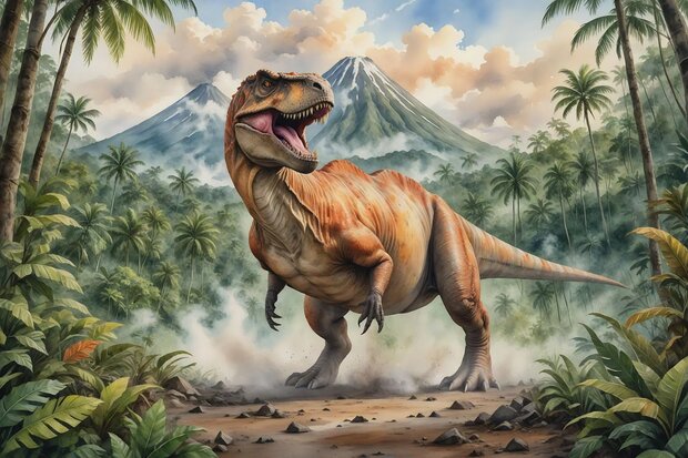 Dinosaurus bij de Vulkaan fotobehang