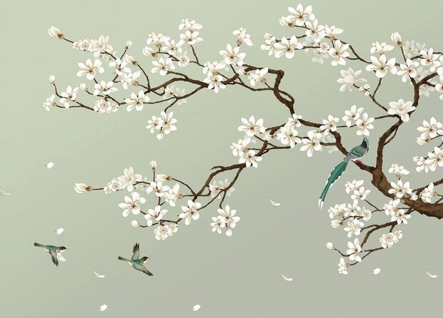 Bloesem fotobehang Magnolia en Vogels