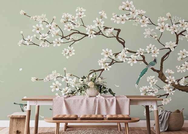 Bloesem fotobehang Magnolia en Vogels