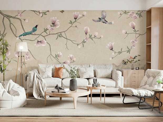 Japanse Magnolia en Vogels fotobehang