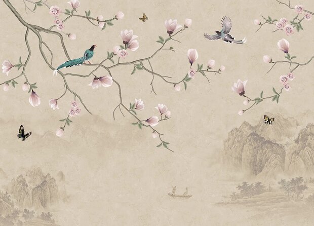 Japanse Magnolia en Vogels fotobehang