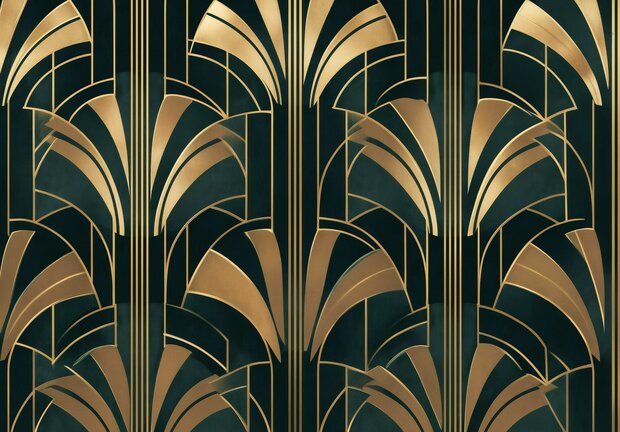 Art Deco behang - Donkergroen Waaierpatroon