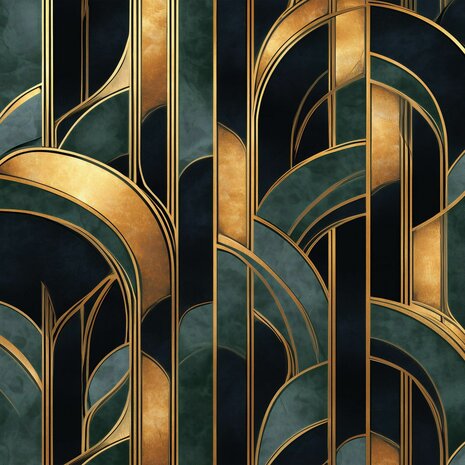 Art Deco behang - Donkergroen met Gouden Patronen