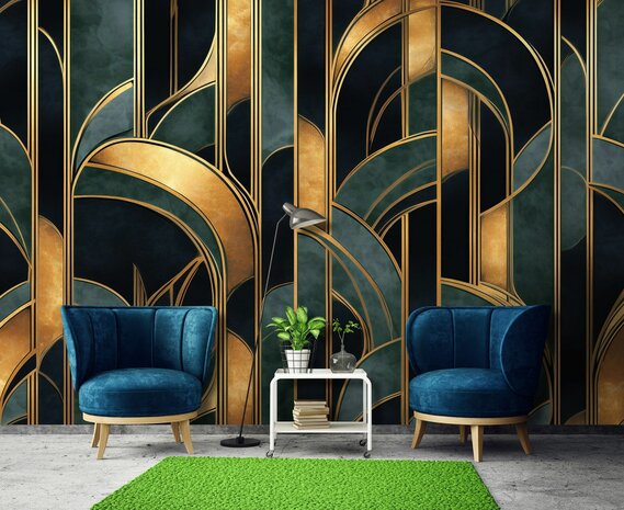 Art Deco behang - Donkergroen met Gouden Patronen