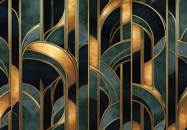Art Deco behang - Donkergroen met Gouden Patronen