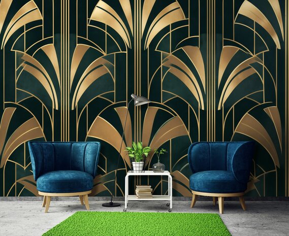 Art Deco behang - Donkergroen Waaierpatroon