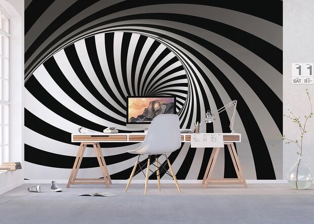 Zwart wit Spiraal tunnel behang XL