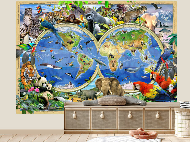 Wereldkaart behang Beestenboel 254x184cm