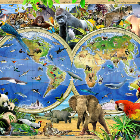 Wereldkaart behang Beestenboel 254x184cm