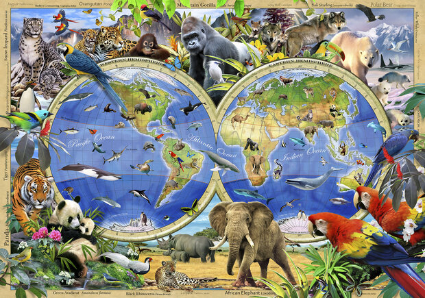 Wereldkaart behang Beestenboel 254x184cm