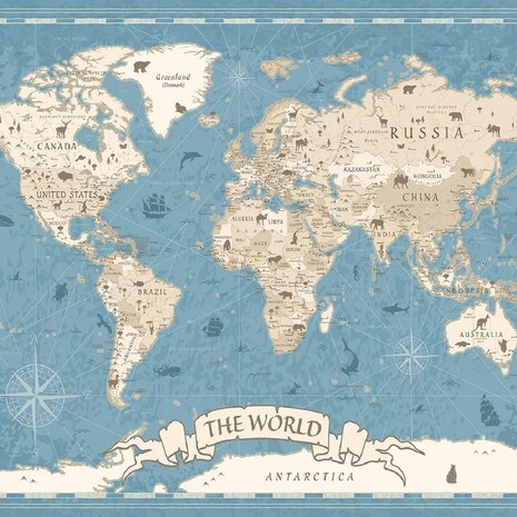 Wereldkaart fotobehang Dieren - Vintage Blauw