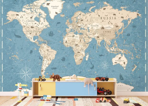 Wereldkaart fotobehang Dieren - Vintage Blauw