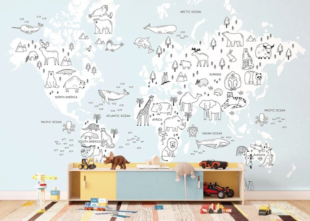Wereldkaart fotobehang Getekende Dieren