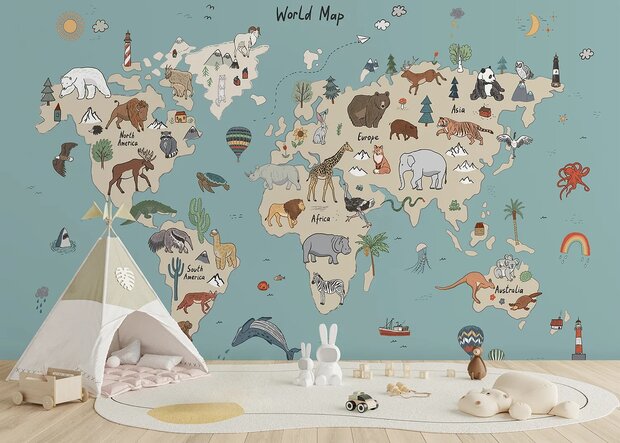 Wereldkaart fotobehang Dieren - Blauw Beige