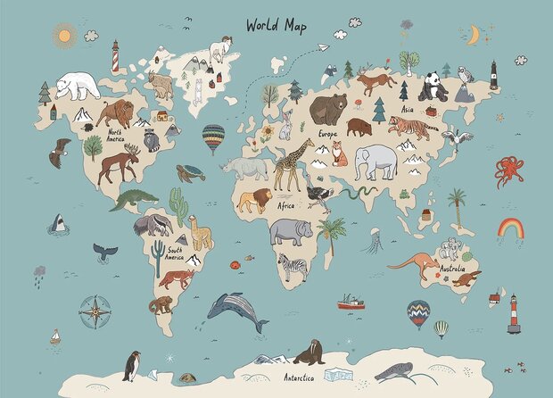 Wereldkaart fotobehang Dieren - Blauw Beige