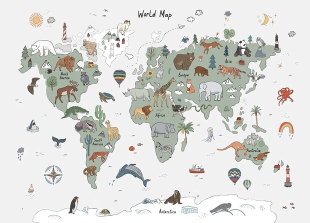 Wereldkaart fotobehang Dieren - Groen Grijs 