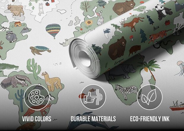 Wereldkaart fotobehang Dieren - Groen Grijs 