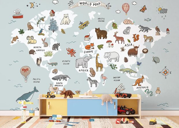 Wereldkaart fotobehang Dieren - Lichtblauw