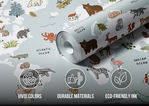 Wereldkaart fotobehang Dieren - Lichtblauw