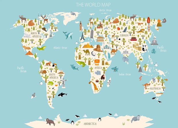 Wereldkaart fotobehang Dieren en Landmarks