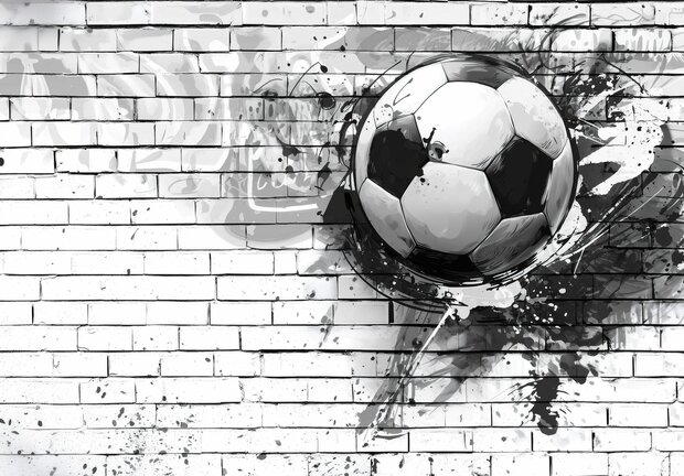 Zwart-Wit Voetbal fotobehang Graffiti Muur