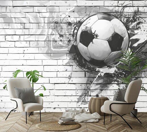 Zwart-Wit Voetbal fotobehang Graffiti Muur